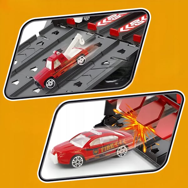 Nerförslutningsbana parkeringskatapulta stor set med 2 bilar