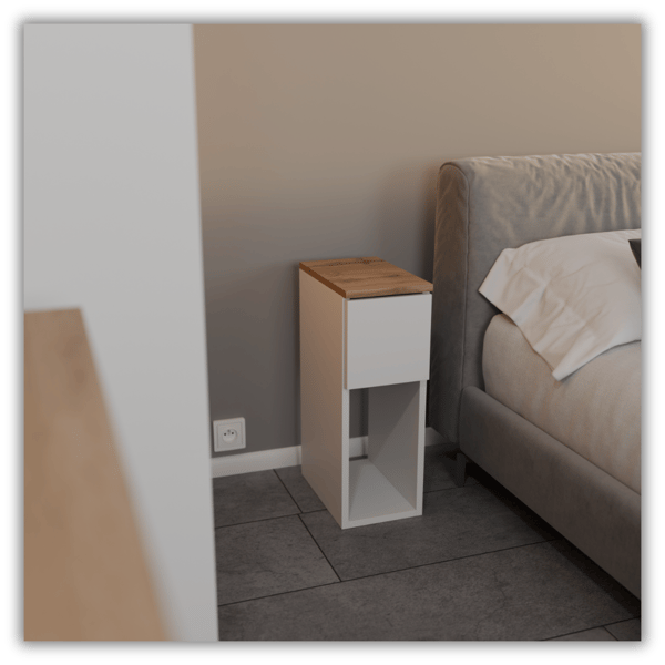 SMAL VIT SÄNGSKÅP 20 CM BORD MED 1 LÅDA SCANDINAVIAN FÖR SOVRUM