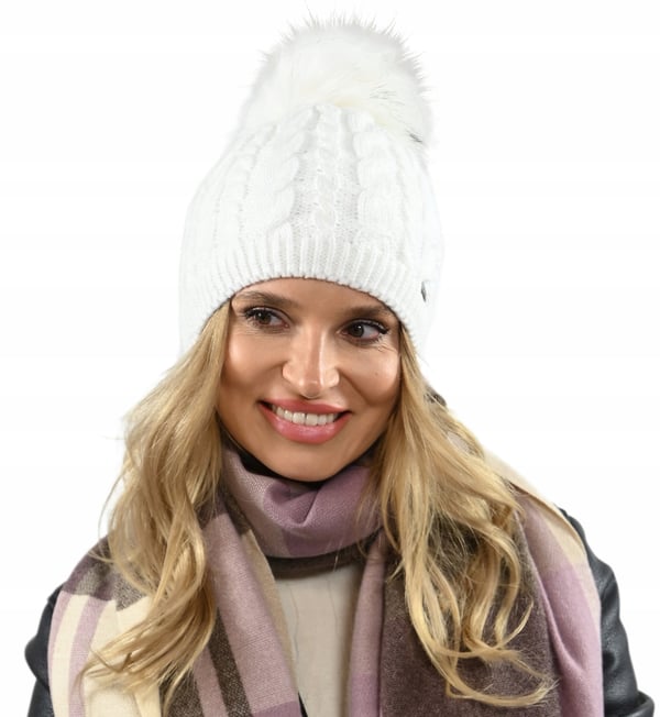 Vit varm damvintermössa med pompom, isolerad med fleece beanie universalstorlek