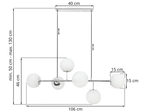 SIENA LOFTLAMPE KROM 6 FLAD HVID LAMPESKÆRM E14 LANGE ARME
