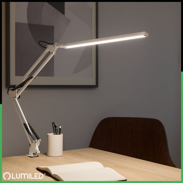 Pöytävalaisin LED-tekniikka Cosmi 8W CCT USB-himmentävä valkoinen kiinnikkeellä Lumiled