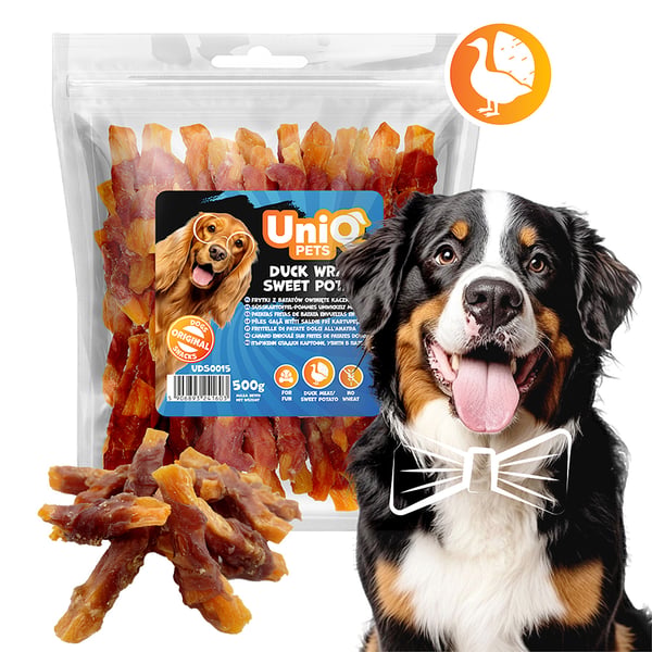 UniQ Pets sötpotatispommes inlindade i anka hundgodis 500g