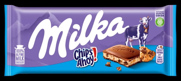 Milka mælkechokolade med mælkefyld, knuste keksbider med chokolade 100 g