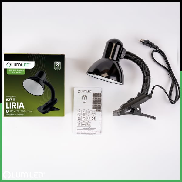 Skrivebordlampe regulerbar LIRIA skolelamp nat E27 klemme sort LUMILED