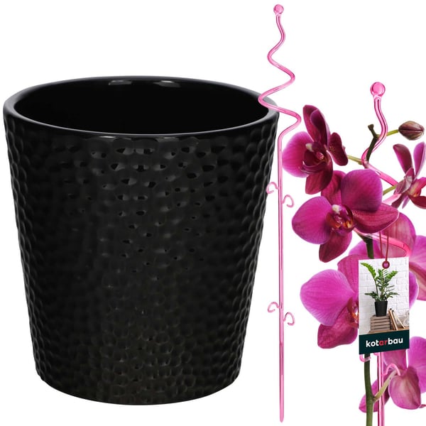 KOTARBAU® set med svarta blomkrukor 11 cm och rosa stöd 58 cm keramik