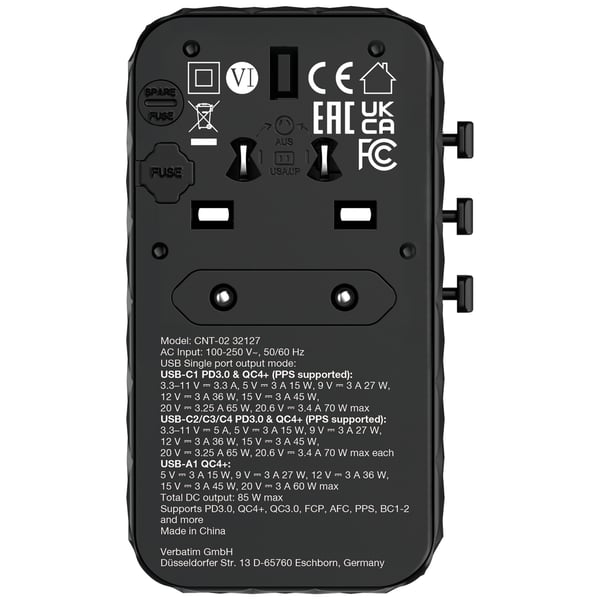 Verbatim Charge 'n' Travel GaN III -maailmanlaajuinen adapteri, 4 x USB-C PD 3.0 QC 4+ 70 W, 1 x USB-A QC 4+ 60 W
