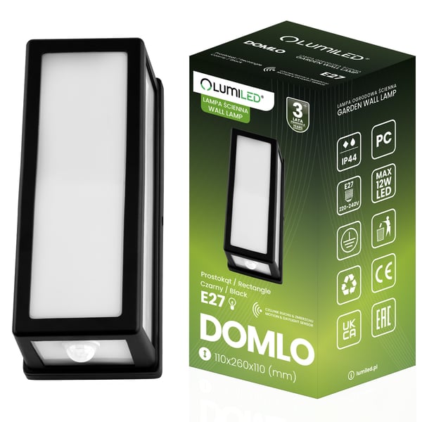 Trädgårdslampa väggarmatur E27 rektangulär rörelsesensor DOMLO LUMILED