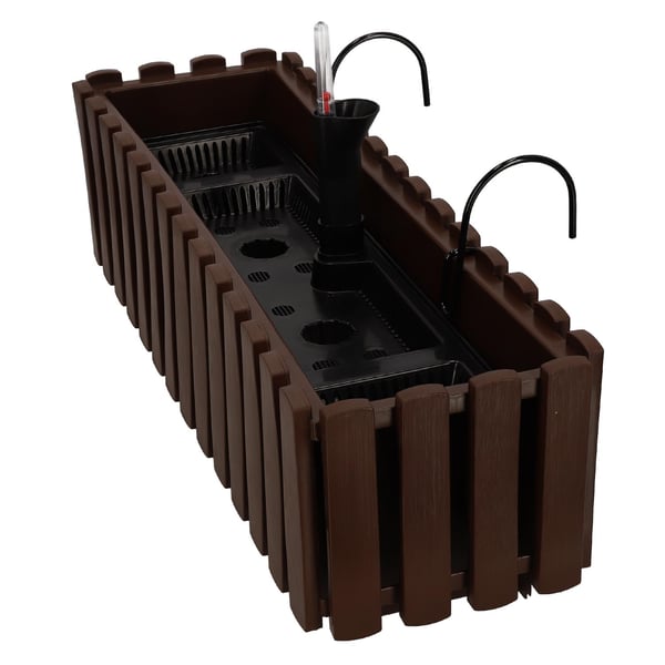 Blomkruka balkong terrasslåda med krokar bevattningssystem brun 60cm