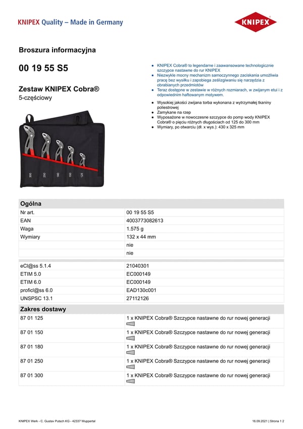 RØRTANGSÆT I KASSE MED 5 DELER 125, 150, 180, 250, 300 MM - KN 00 19 55S
