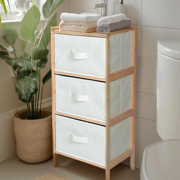 Badeværelsesskab i bambus, hylde med skuffer 37x35x79 SRB31 Begryf