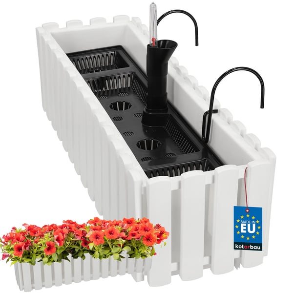 Blomkruka balkong terrasslåda med krokar bevattningssystem vit 60cm