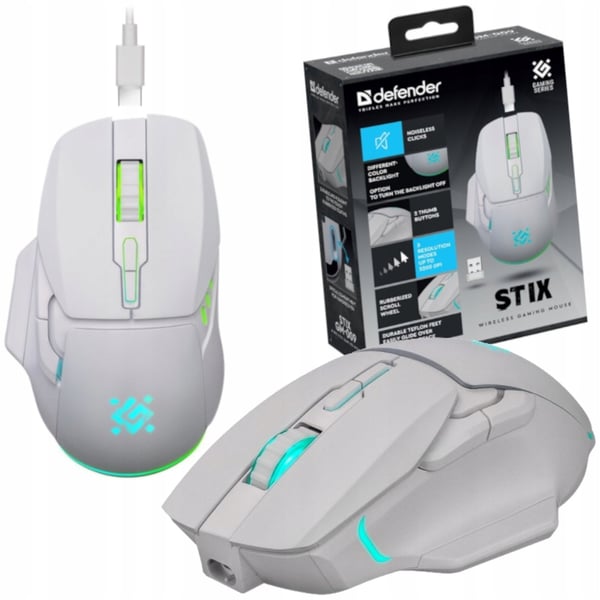 Defender stix GM-009 trådløs mus optisk 3200 dpi hvid RGB genopladelig 7 knapper gaming klikløs lydløs