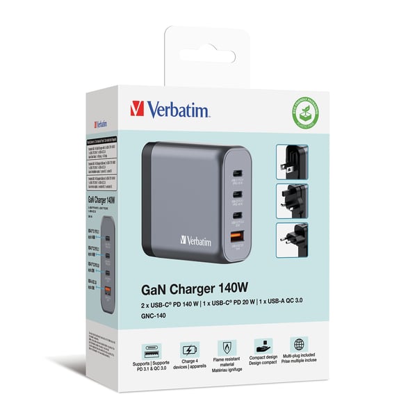 Verbatim GaN GNC-140 Vægoplader 3xUSB-C PD (2x140W+20W) 1xUSB-A QC 3.0