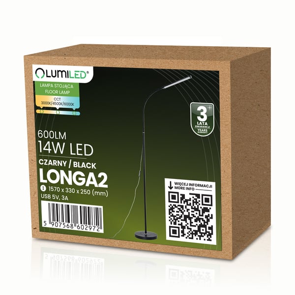 Golvlampa LED 14W CCT dimbar med höjdjustering LONGA 2 svart LUMILED