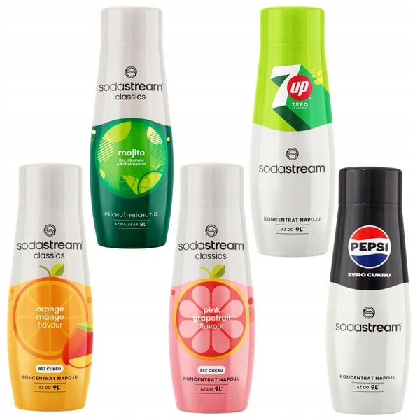 Sodastream appelsiini-mango ja mojito ja greippifrukti ja 7Up zero ja Pepsi zero siirappi