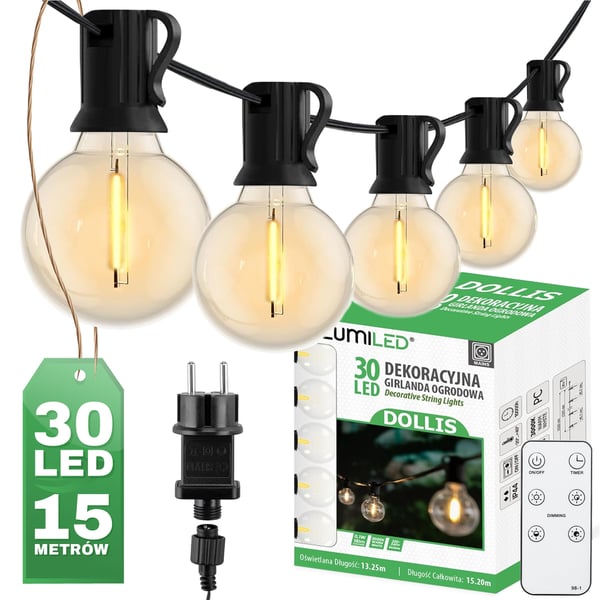 Udendørs have guirlande lyskæde 15,2m 30x LED dekorative kugler 3000K + DOLLIS LUMILED fjernbetjening