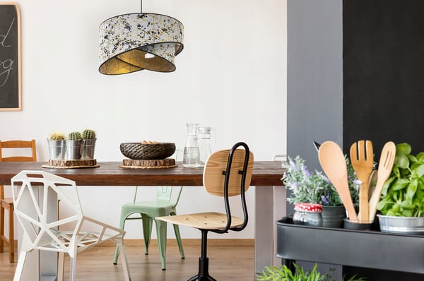 HÆNGELAMPE, LOFTKRONE, LAMPESKÆRM, GULDMØNSTER