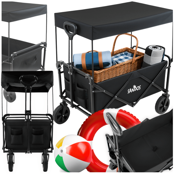 Strandklapvogn med kaleche, trailer, 100 kg, sort, foldbar, til strandferier