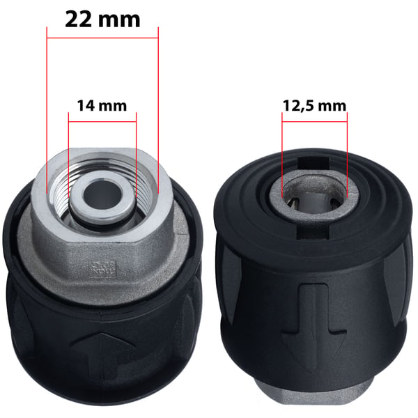 Click-M22 sovitin letkujen liittämistä varten korkeapainepesureihin K-sarjasta (K2, K3, K4, K5, K6, K7) metalli
