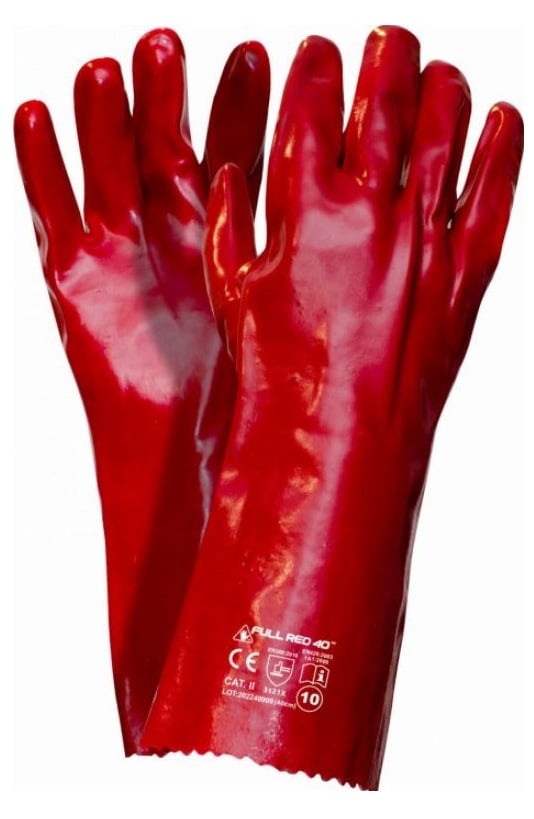 PVC HANDSKER LANGE FULD RØDE 40CM - 12,0 PAR - REK GU 1707