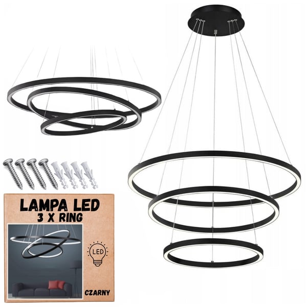 Riippuva kattokruunuvalaisin musta, 3 LED-rengasta, säädettävä, 76 W, neutraali