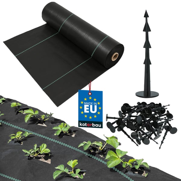 KOTARBAU® ogrässkyddande trädgårdstextil universal svart 70 g/m² 1,1 x 100 m med pinnar