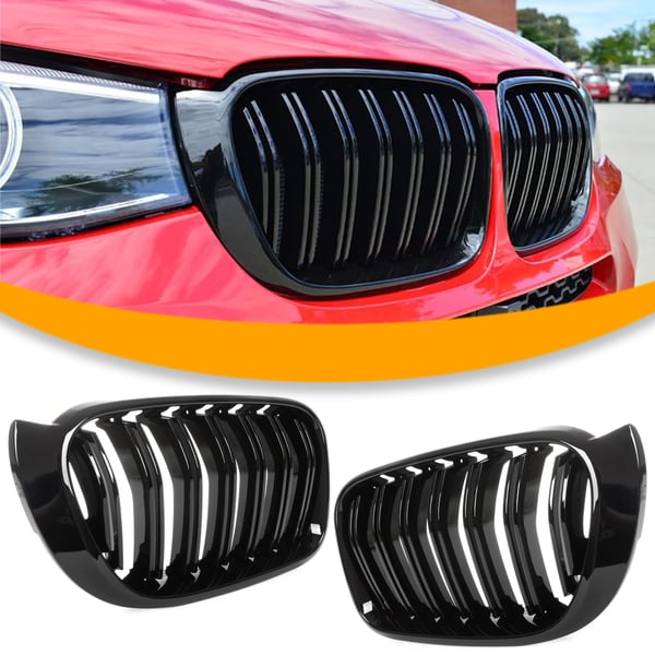 BMW X3 F25 14-17 Ajovalojen välissä olevat maskit (munuaiset) vasen + oikea, musta, kiiltävä kaksoispalkki