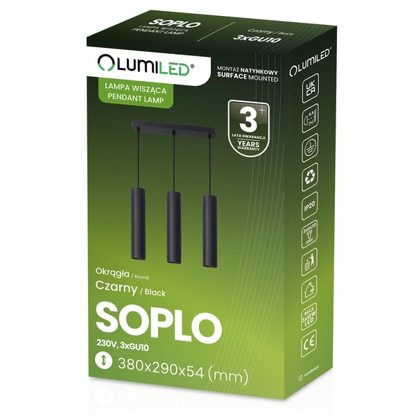 Loftslampe 29cm spotlight 3x GU10 LED SOPLO sort LUMILED