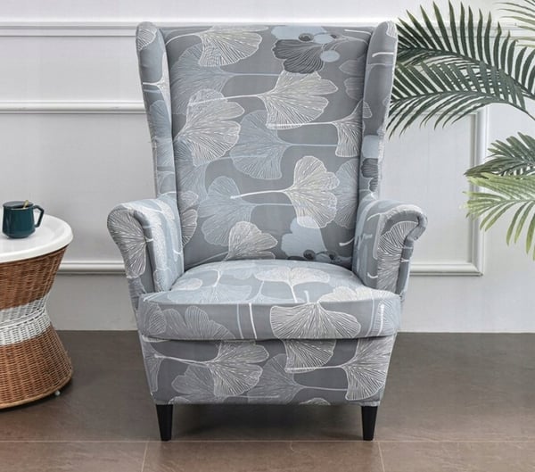 Päällinen siipiselle nojatuolille, harmaa, lehtikuvio, kuminauha [22EW8]