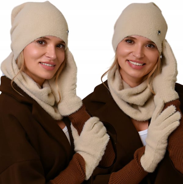 Beige damset mössa, tubhalsduk och handskar varm vinterset