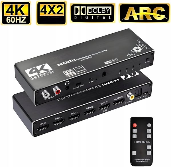 SPLITTER-SWITCH HDMI 2.0 4x2-SWITCH 4 INDGANGE 2 UDGANGE ARC CINCH OPTISK