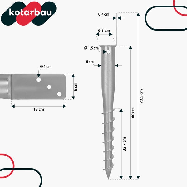 KOTARBAU® Stolpefod L-formet jordanker stål til hegn og pavilloner 60 x 735 mm sæt med 2