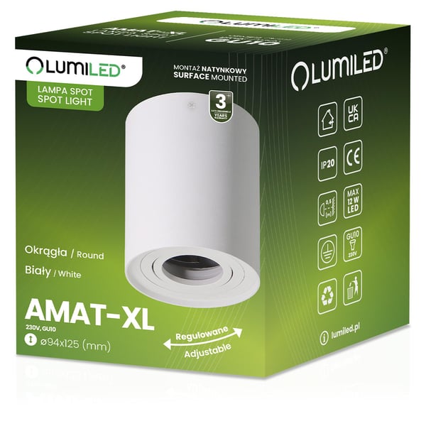Pinta-asennettava HALOGEENI Spotputki, siirrettävä GU10, pyöreä, valkoinen, 125 mm, AMAT-XL LUMILED