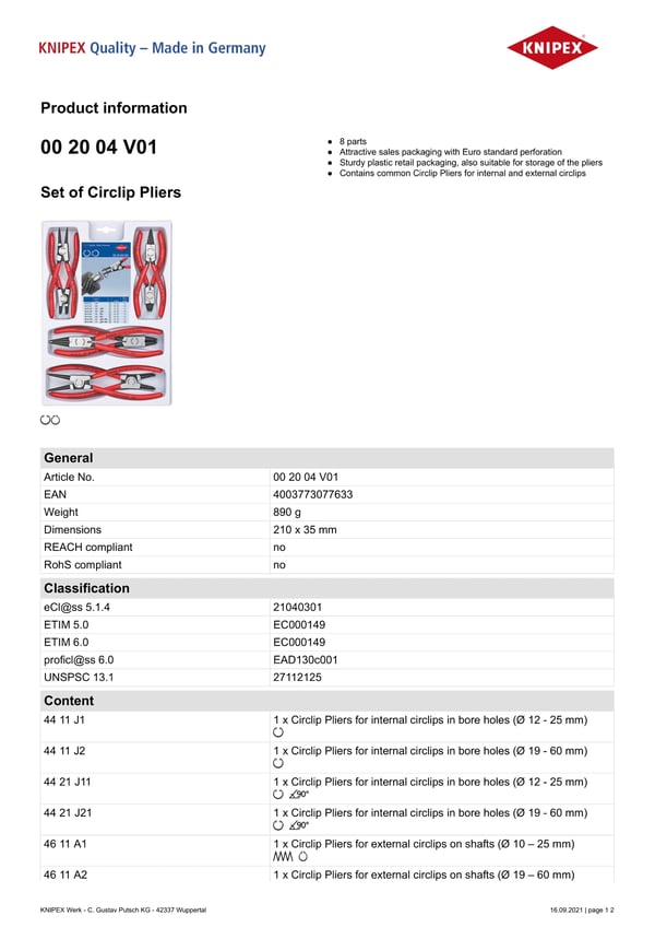 LÅSERINGSTANGSÆT MED 8 DELE 00 20 04 V01 - KN 00 20 04