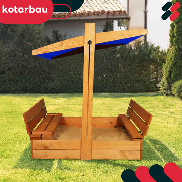 KOTARBAU® stor sandlåda i trä med blått tak, impregnerad, stängd, med bänkar, brun, 100 x 100 cm