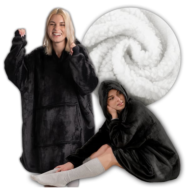 Tæppesweatshirt, large oversize, tyk, varm, med hætte, sort, blød