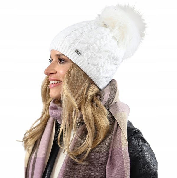 Vit varm damvintermössa med pompom, isolerad med fleece beanie universalstorlek