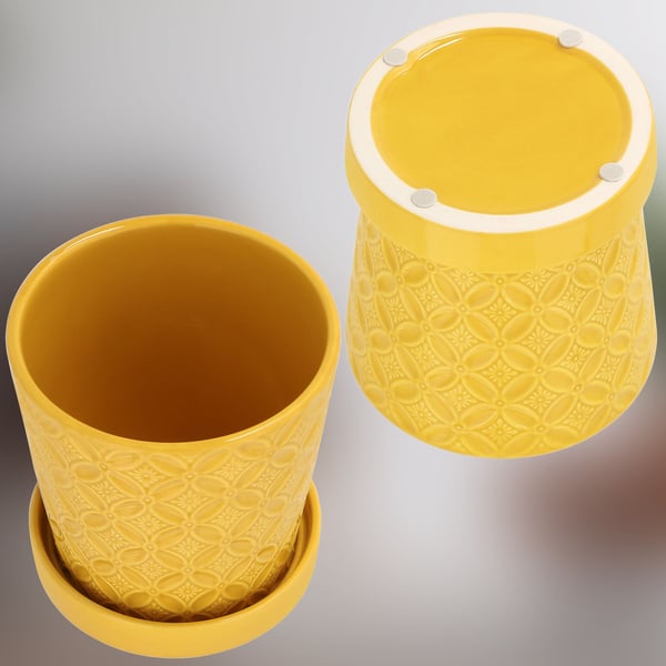KOTARBAU® Rund senapsfärgad kruka 13 cm blomkruka med fat glaserad keramik växt- och örtkruka