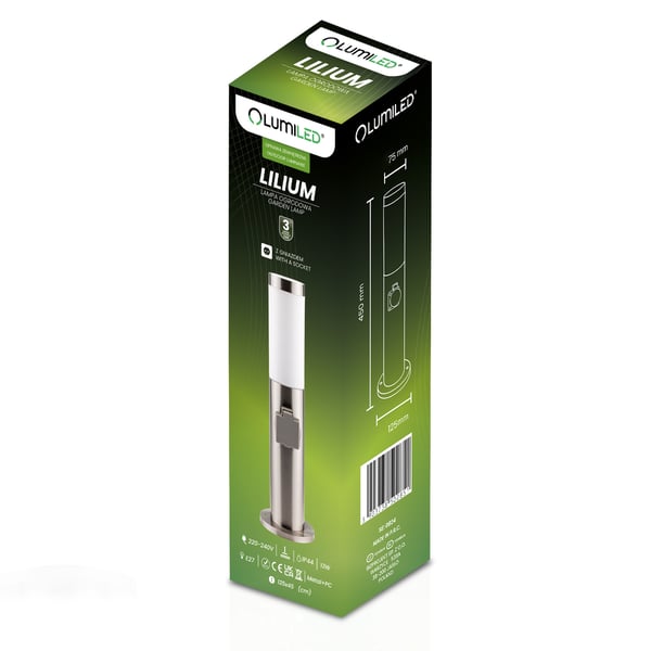 Utomhuslampa E27 INOX STOLPE 45cm med uttag 230V Lilium LUMILED