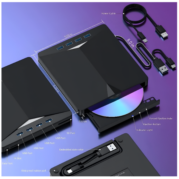 Extern CD/DVD-brännare 7-i-1 USB 3.0x4 SD/TF-kortläsare USB-hubb