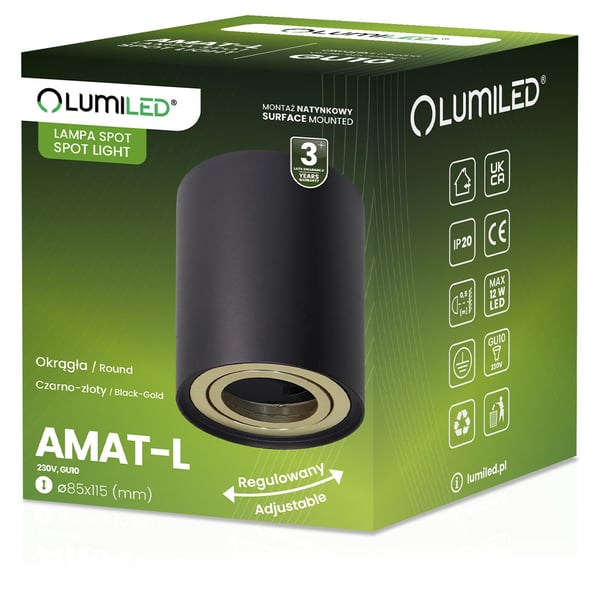 Overflademonteret HALOGEN Spot Tube Flytbar GU10 Rund Sort og Guld 115mm AMAT-L LUMILED