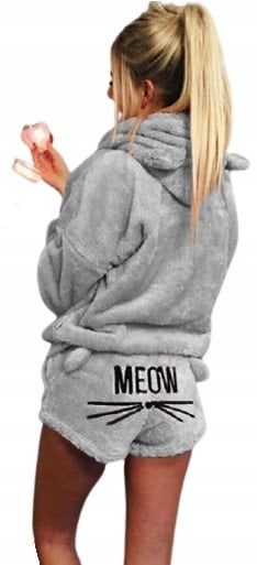 MJAUM varm pyjamas i plysch med kort katt, storlek S