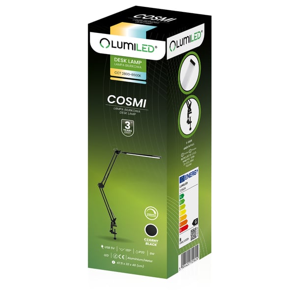 Pöytälamppu Piirustus LED 8W CCT USB Himmentävä COSMI Musta Lumiled