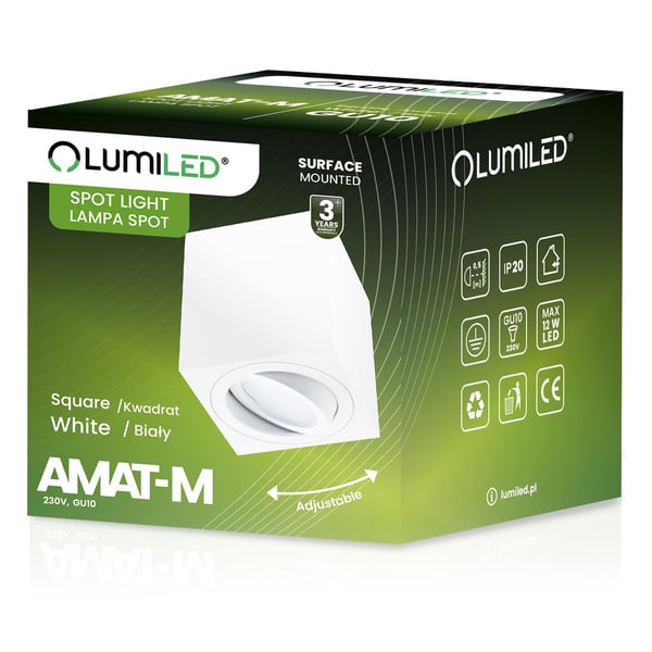Pinta-asennettava halogeenilamppu, siirrettävä, GU10, neliönmuotoinen, valkoinen, 84 mm, AMAT-M LUMILED