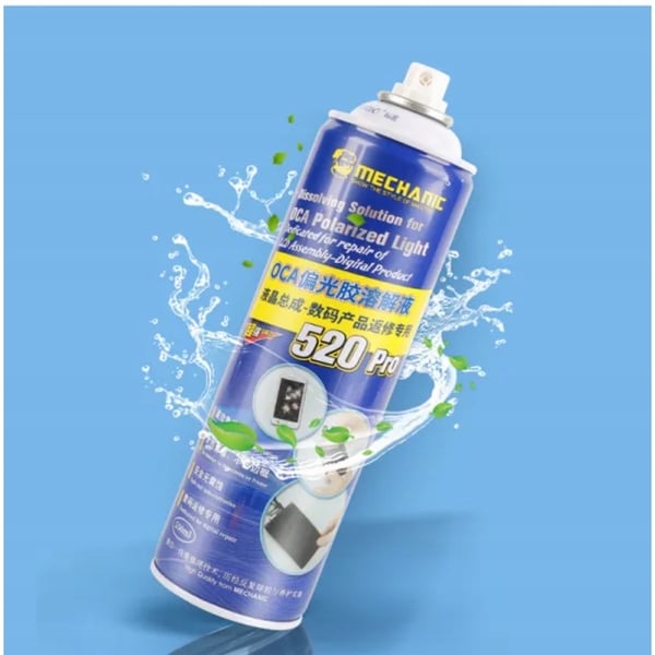 Mechanic 520 Pro Spray - Professionel OCA-limopløsningsmiddel til LCD-skærme | 550 ml | Sikker for skærm og ramme | Virker hurtigt | Til GSM- og elektronikværksteder