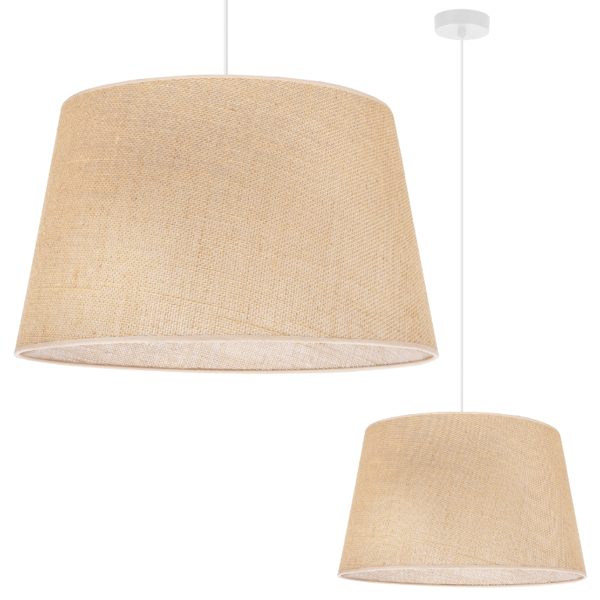HÆNGELAMPE I JUTE MED KEGLE, HVID, 1 FLAD BEIGE LAMPESKÆRM, 44 CM