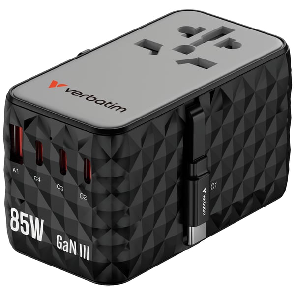 Verbatim Charge 'n' Travel GaN III -maailmanlaajuinen adapteri, 4 x USB-C PD 3.0 QC 4+ 70 W, 1 x USB-A QC 4+ 60 W