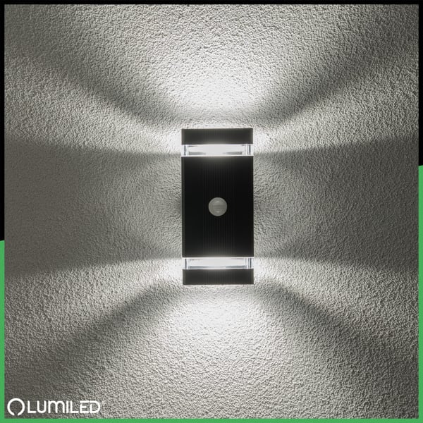 Havelystkarm Væglampe op og ned 2x GU10 sort bevægelsessensor og skumringssensor IP54 HEDERA LUMILED