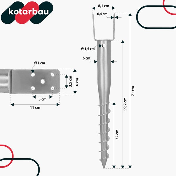 KOTARBAU® Stål U-bolt jordankerstolpe til hegn, pavilloner 81 x 710 mm sæt med 2