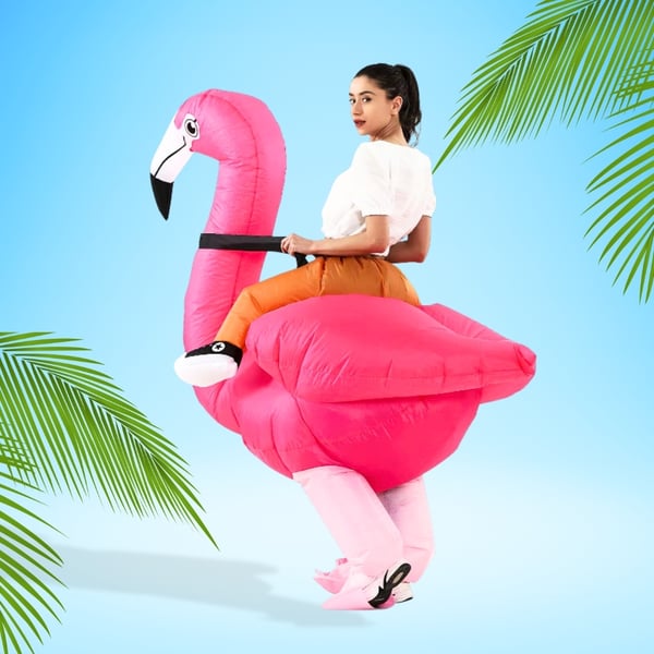 Oppustelig flamingo-dragt, selvoppusteligt lyserødt kostume